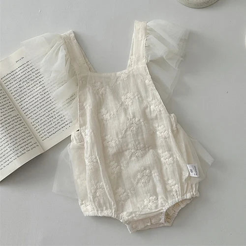 Infant Baby Girls Jumpsuit Long Sleeved Cotton Mesh Splicing Toddler Romper