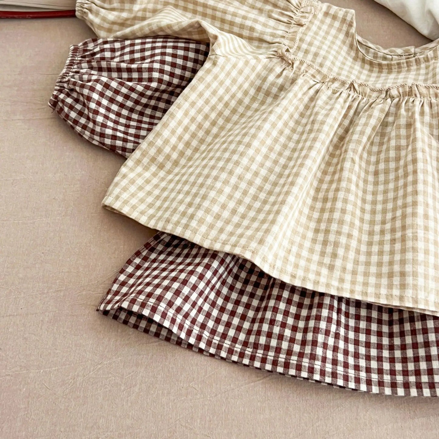 Baby Clothes Girl Plaid Puff Sleeve Tops+Shorts 2pcs Toddler Casual Shirt Set