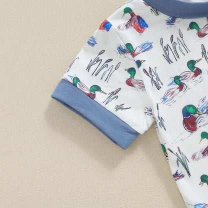 Boys Shorts Set, Duck Print Short Sleeve T-shirt with Elastic Waist Shorts