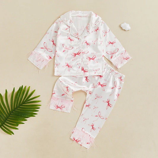 Girls Spring Autumn Pajama Set Long Sleeve Lapel Bow Print Shirt Elastic Waist Pants