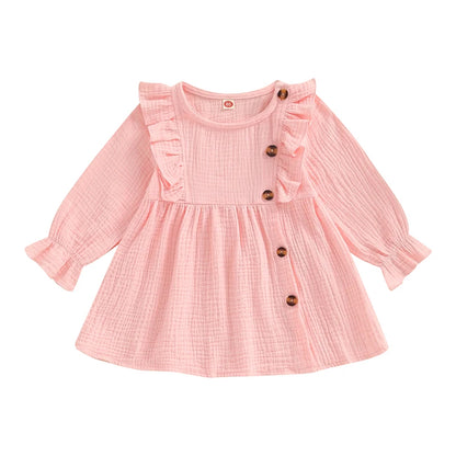 Baby Girl Dress, Crew Neck Buttons Solid Color Ruffled A-line Dress