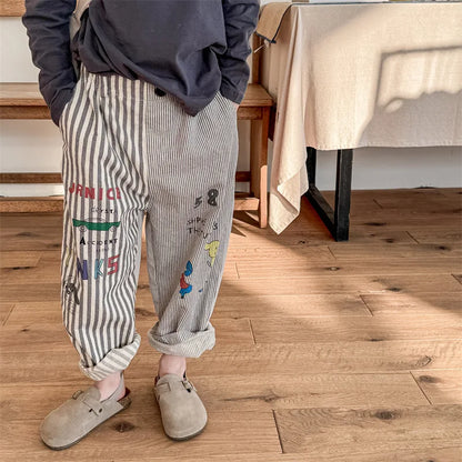 Girl Boy Cartoon Print Haren Pants Loose Kid Striped Casual Pants Retro Baby Trousers