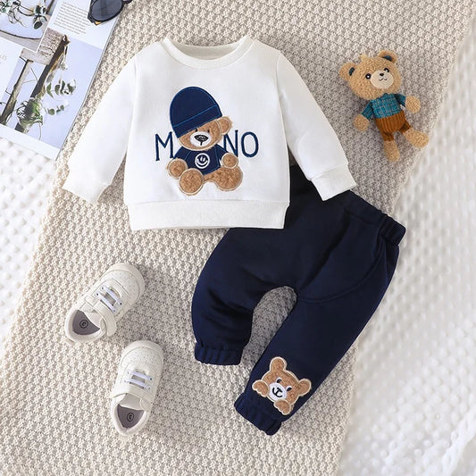 Casual Cartoon Bear Long Sleeve tee and Navy Pants