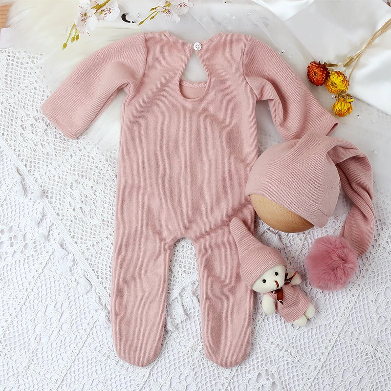 3 Pieces Set Newborn Jumpsuit Tail Pom Hat Set with Mini Doll Pink Baby Photography Outfit New born Girl