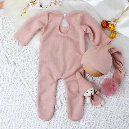 3 Pieces Set Newborn Jumpsuit Tail Pom Hat Set with Mini Doll Pink Baby Photography Outfit New born Girl
