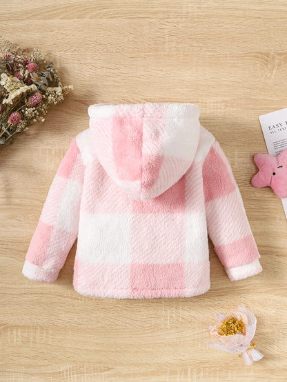 Little Girl Warm Long Sleeved Hoodie Top Cute Pink Plaid Jacket