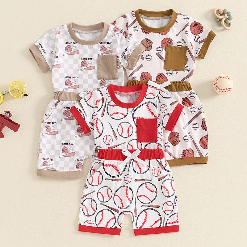 Baby Boys Shorts Set, Baseball Print Short Sleeve T-shirt with Elastic Waist Shorts