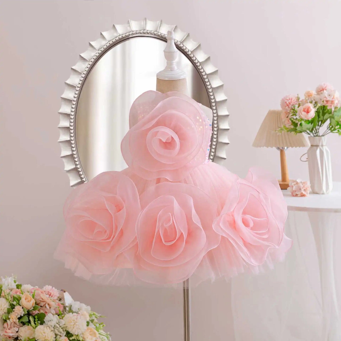 Girls Party Dresses Flower Elegant Child Wedding Gown Sequined Big Bow Kids Birthday Ceremonial Frocks