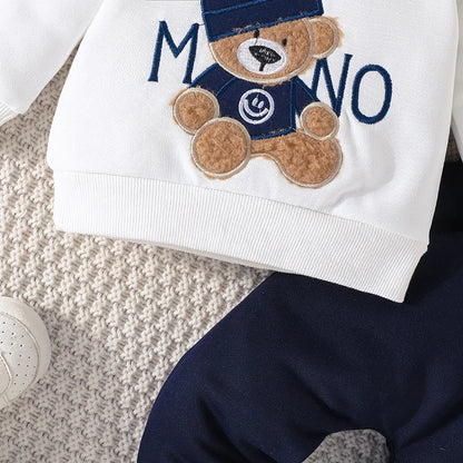 Casual Cartoon Bear Long Sleeve tee and Navy Pants