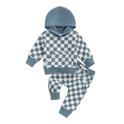 Toddler Boys Fall Outfits Checkerboard Print Hooded  and Long Pants 2Pcs