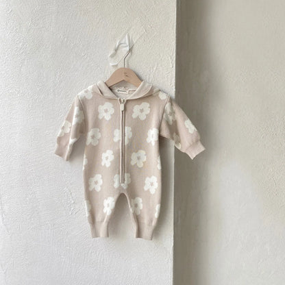 Baby Long Sleeve Knit Romper Newborn Flower Print Sweater Hoodie Jumpsuit