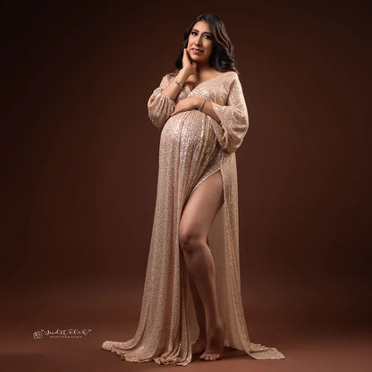 Women V-neck Champagne Sequin Dress Maternity Photography Props Pregnant Women Party Dress