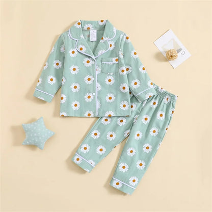 Boy Girl 2-Piece Pajamas Set Daisy Pattern Lapel Button Down Tops Pants