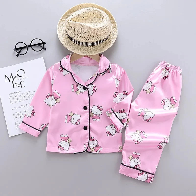 Children Spring Lapel Neck Long Sleeve Sanrio Hello Kitty Print Top+Trousers