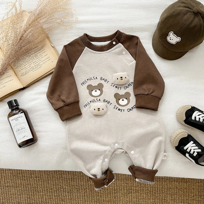 Baby Boy Cartoon Bear Raglan Sleeve Romper Cotton Infant Toddler Jumpsuit