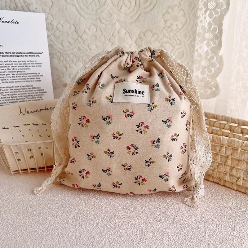 Printed Flower Mommy Bag Baby Diaper Bag Cotton Nappy String Pocket Storage Bag