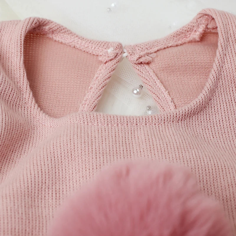3 Pieces Set Newborn Jumpsuit Tail Pom Hat Set with Mini Doll Pink Baby Photography Outfit New born Girl