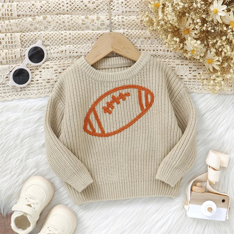 Baby Sweater, Long Sleeve Crew Neck Rugby Embroidery Winter Warm Knit Pullover Tops