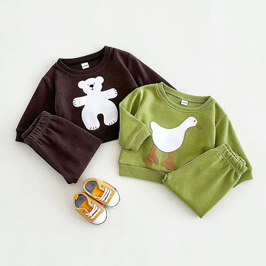 Boy Girl Clothes Loose Pullovers Sets Cartoon Animals Tops+Pants 2PCS Outfit