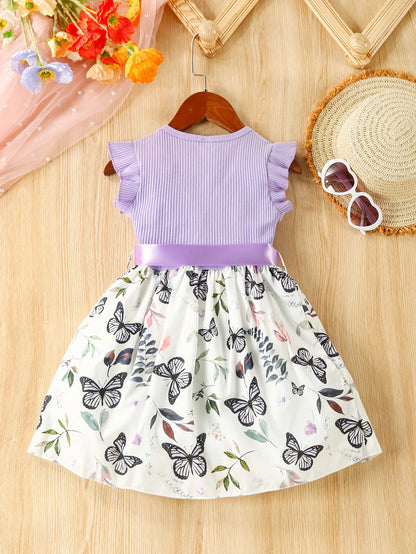 Girls Sweet Casual Ruffled Butterfly Flower Print Dress