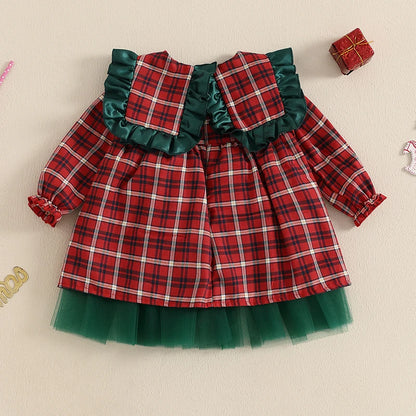 Girl Christmas Dress Casual Ruffles Plaid Print A-Line Dress for Toddler