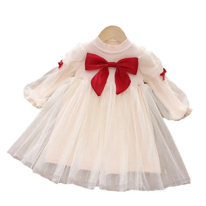 Girl Knitted Dress Knotbow Fleece Long Sleeve Round Collar Tulle