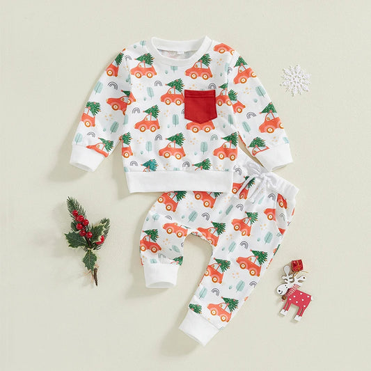 Toddler Boy Girl Christmas Outfits Car Christma Tree Print Tops with Elastic Waist Pants