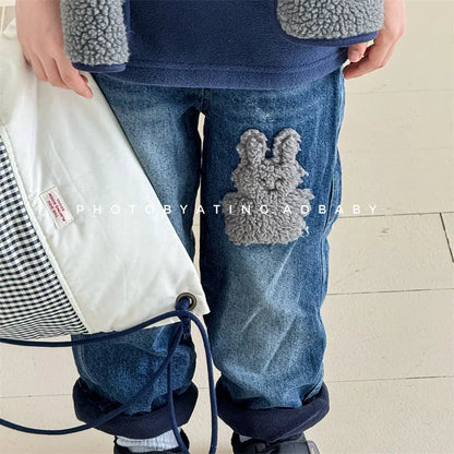 New Children Fleece Denim Trousers Boys/Girls Casual Pants