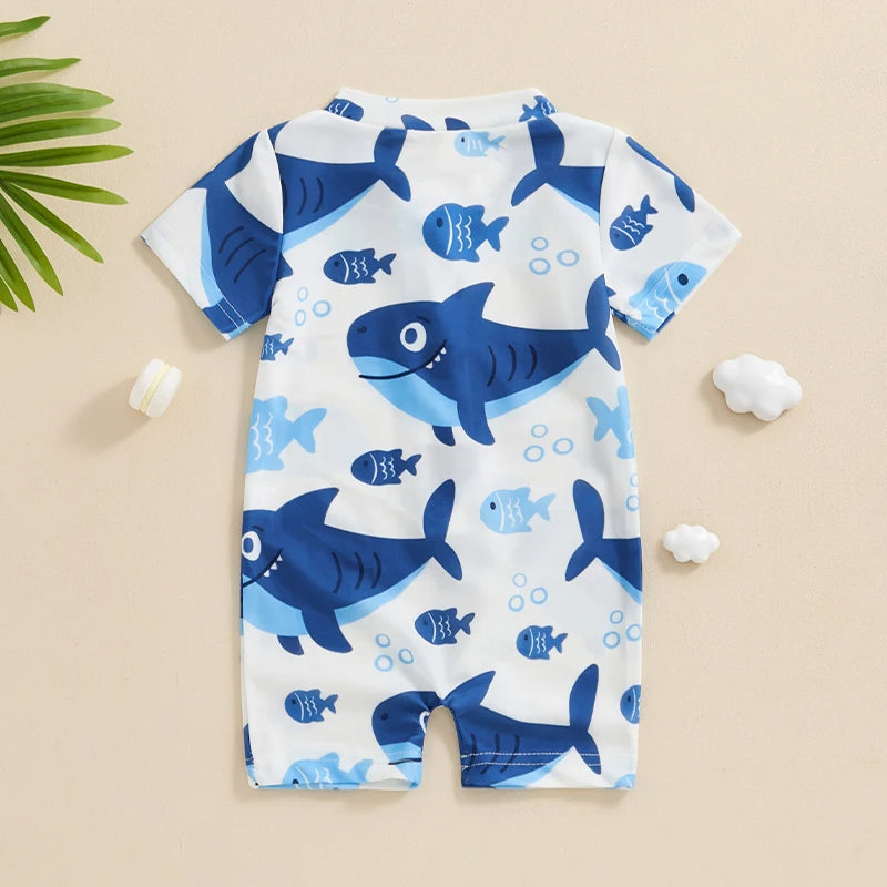 Baby Boy Swimming Costume Cartoon Print Swimwear Short Sleeve Bathing Suit