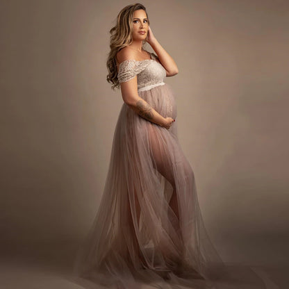 Bohemian Photo Shooting Pregnancy Dress Lace Bodysuit Tulle Long Dress Maternity Dresses