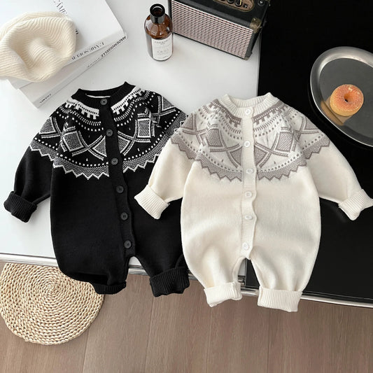 Baby Long Sleeve Romper Newborn Toddler Rhombus Knitted Jumpsuit