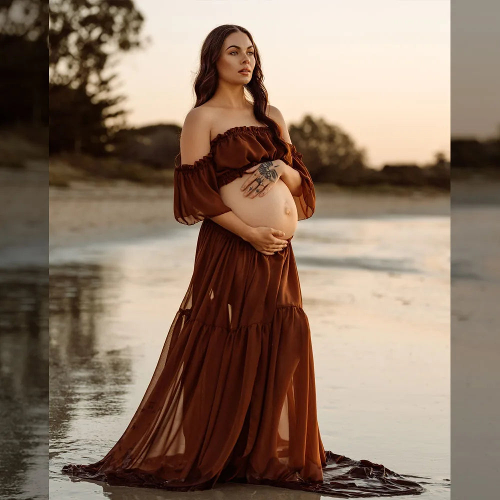 Photoshoot Pregnancy Off Shoulder Ruffled Semi Transparent Chiffon Long Dress