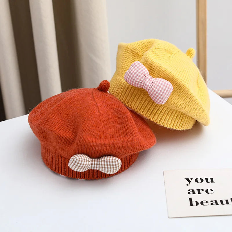 Baby Girls Beret Hats Sweet Plaid Bow Knit Hat Candy Color Princess Beanie Cap