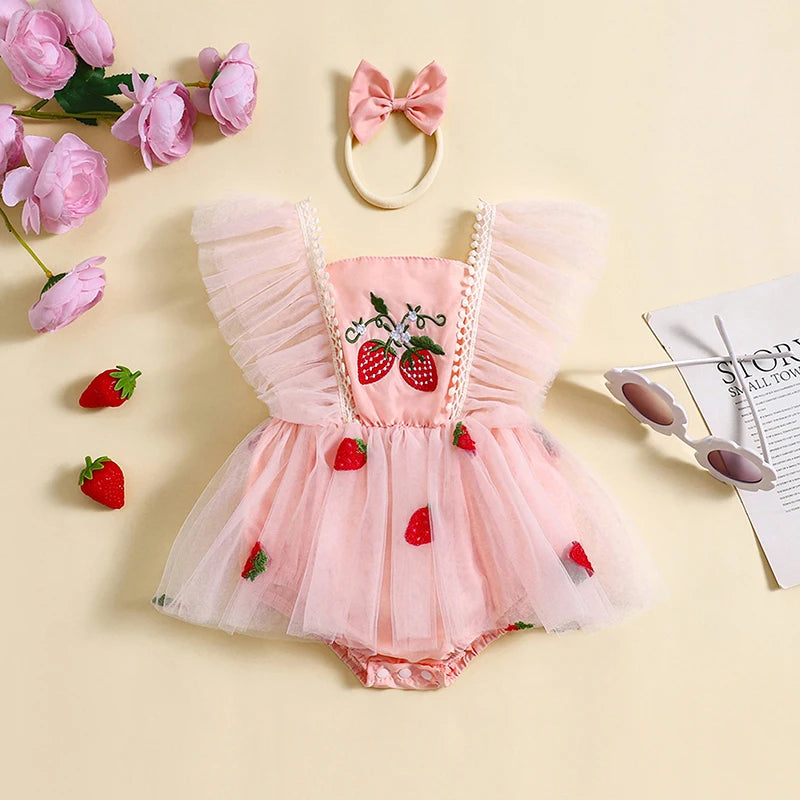 Baby Girl Romper Strawberry Embroidery Tutu Skirt with Headband