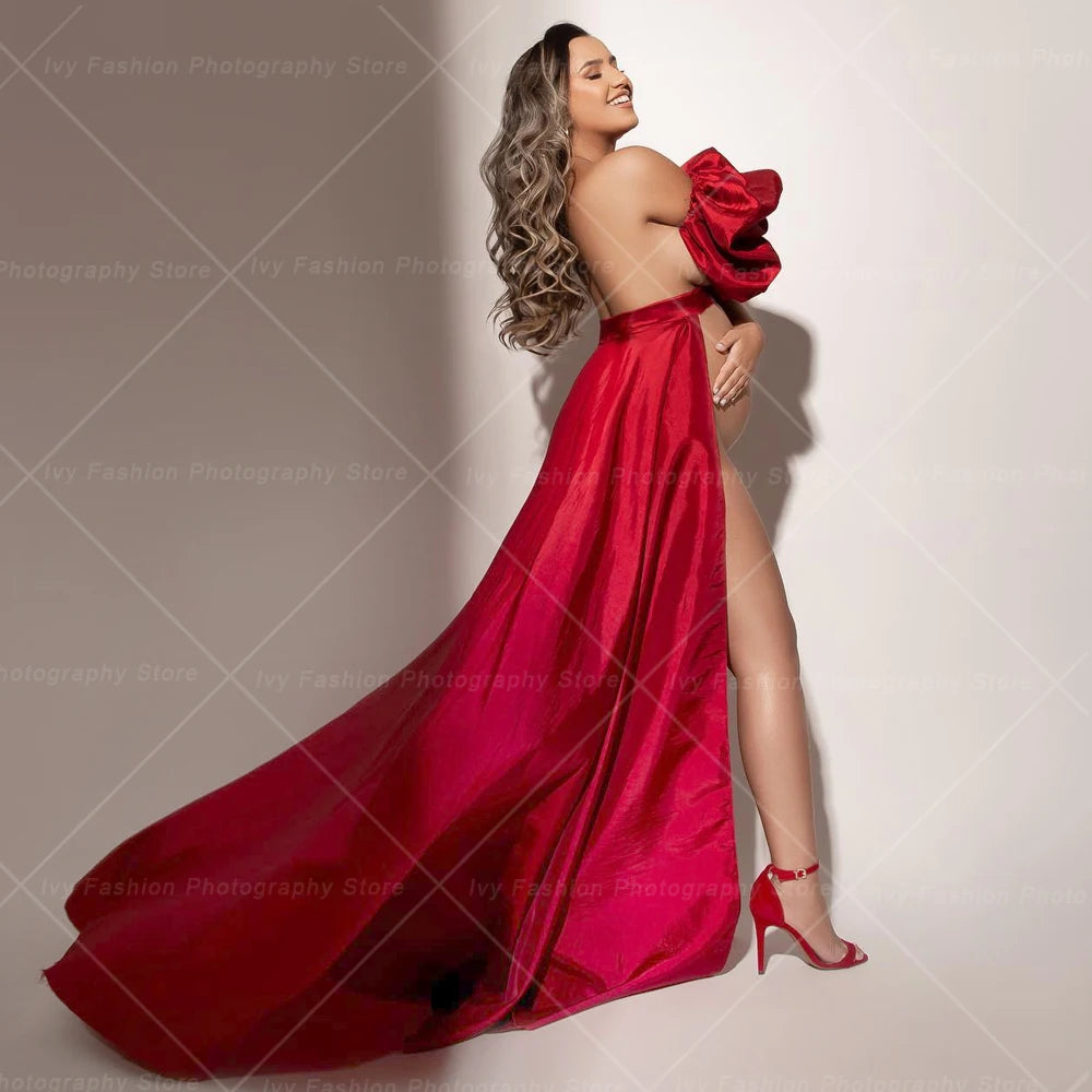 Maternity Photoshoot Outfit For Women Sexy Red Satin Lace Up Skirt Bubble Sleeves Accessories