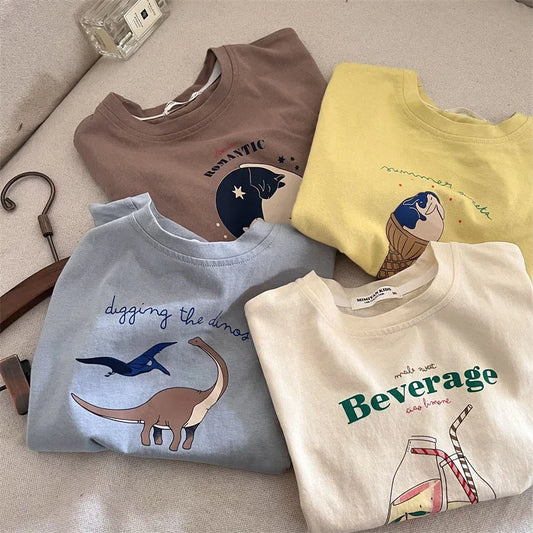 Boy Girl Children Cartoon Bear Short Sleeve T-shirt Baby Letter Loose Tops