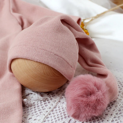 3 Pieces Set Newborn Jumpsuit Tail Pom Hat Set with Mini Doll Pink Baby Photography Outfit New born Girl