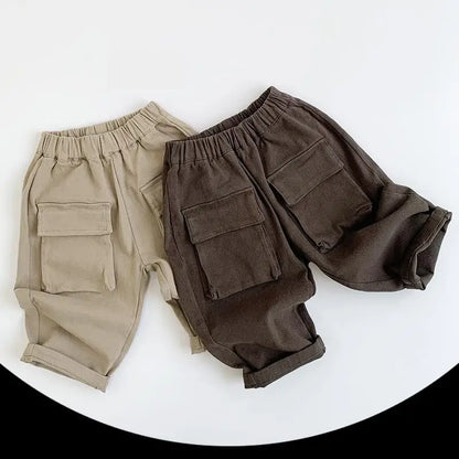 Children Casual Pants Cotton Boys Big Pocket Trousers Solid Baby Girls Versatile Pants