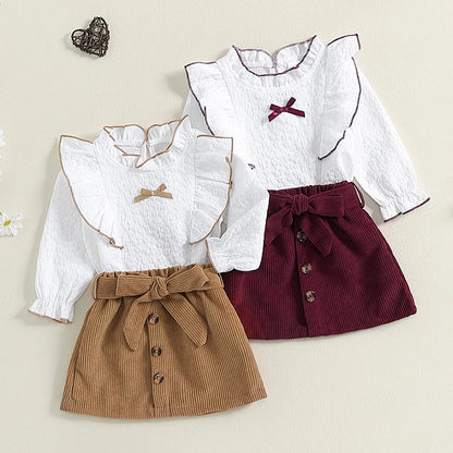 Girls Sweet Tops + Solid Color Skirt with Belt