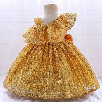 Birthday Dress For Baptism Sequin Princess Dress Red Gold Party