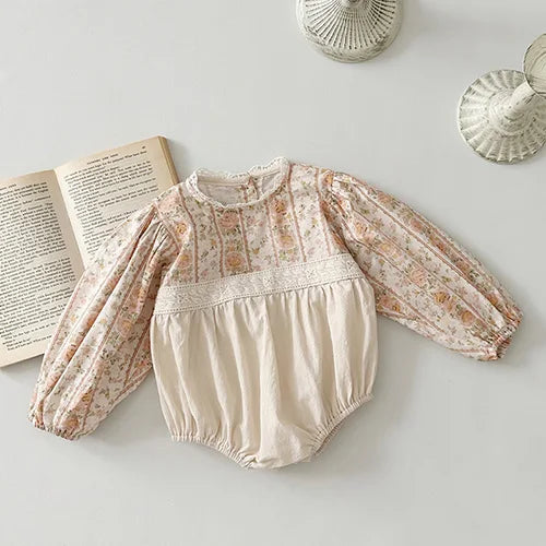 Infant Baby Girls Jumpsuit Long Sleeved Cotton Mesh Splicing Toddler Romper