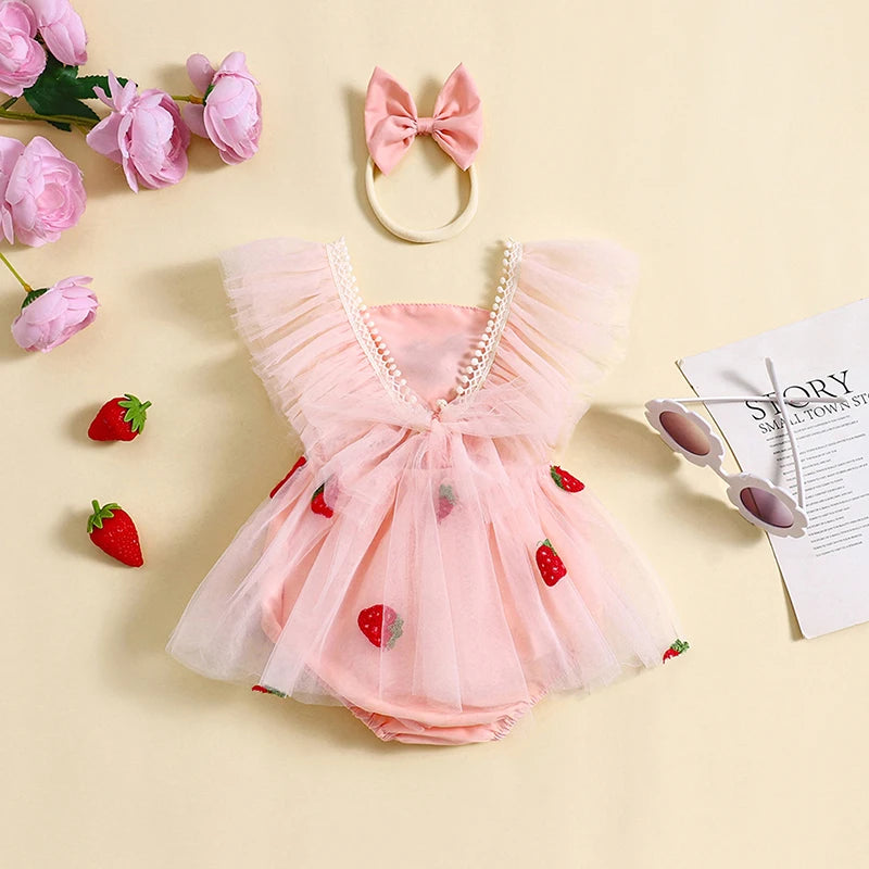 Baby Girl Romper Strawberry Embroidery Tutu Skirt with Headband