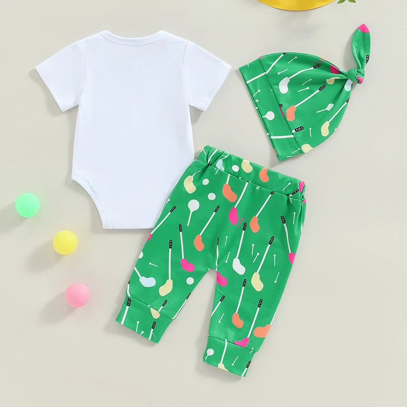 Baby Boys Letter Golf Print Rompers Long Pants Hat 3Pcs Clothes Set