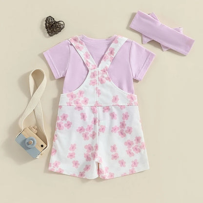 Baby Girls T-shirt with Flower Print Suspender Shorts and Headband