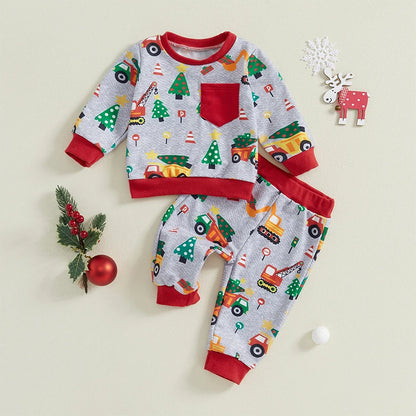 Toddler Christmas Tree Print Long Sleeve Round Neck Sweatshirt Tops Long Pants