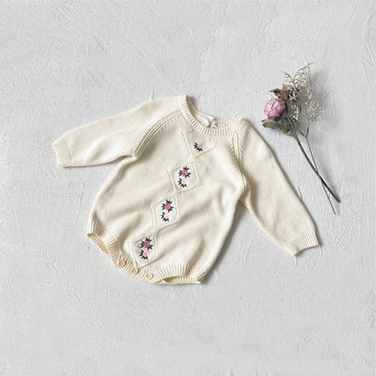 Baby Long Sleeve Knitted Bodysuit Infant Girl Flower Embroidery Sweater Jumpsuit