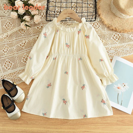 Girls Beige Clothing Flower Pleated Lace Dress Princess Dresses