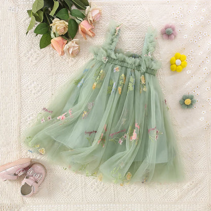 Girls Mesh Suspenders Bow Dress Fuffy Tulle Tutu Princess Dress