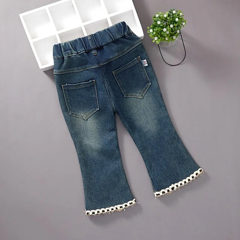 Girls Denim Pants Elastic Waist Bowknot Thickened Warm Baby Girl Trousers