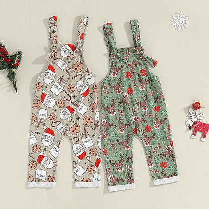 Toddler Girls Boys Christmas Overalls Reindeer/Santa Print Straps Romper Jumpsuit